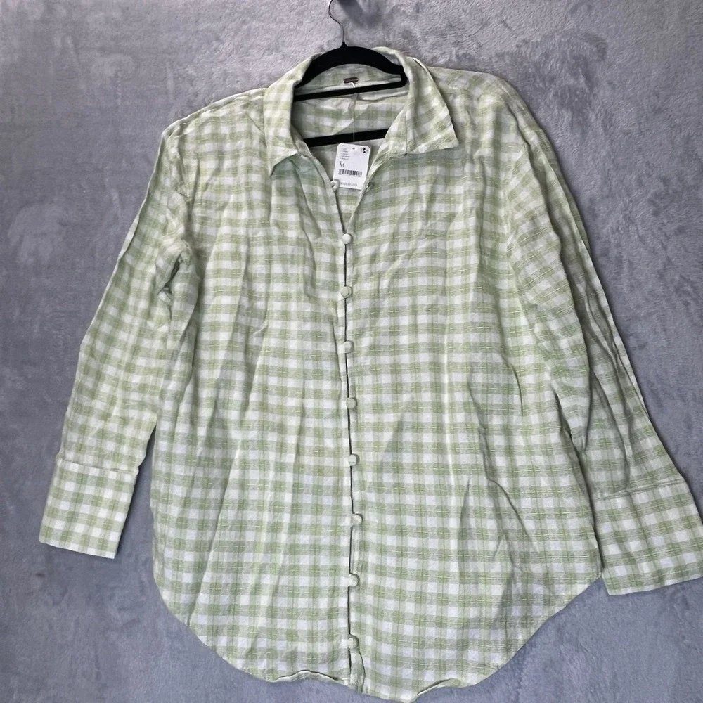 Free People Gingham Button Down Shirt Lime Green White Cotton OB1258436 Size M